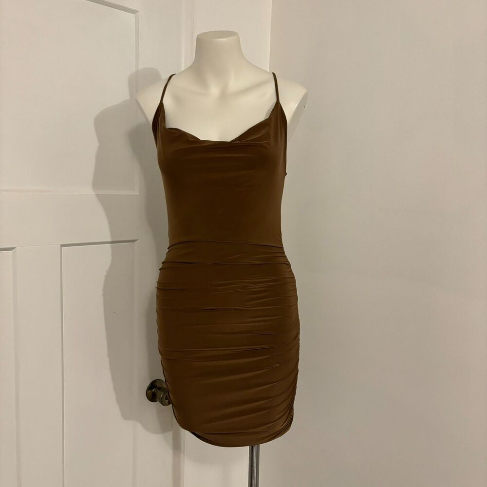 Akira size Medium Ruched Slinky Bodycon Brown Criss Cross Back Mini Dress